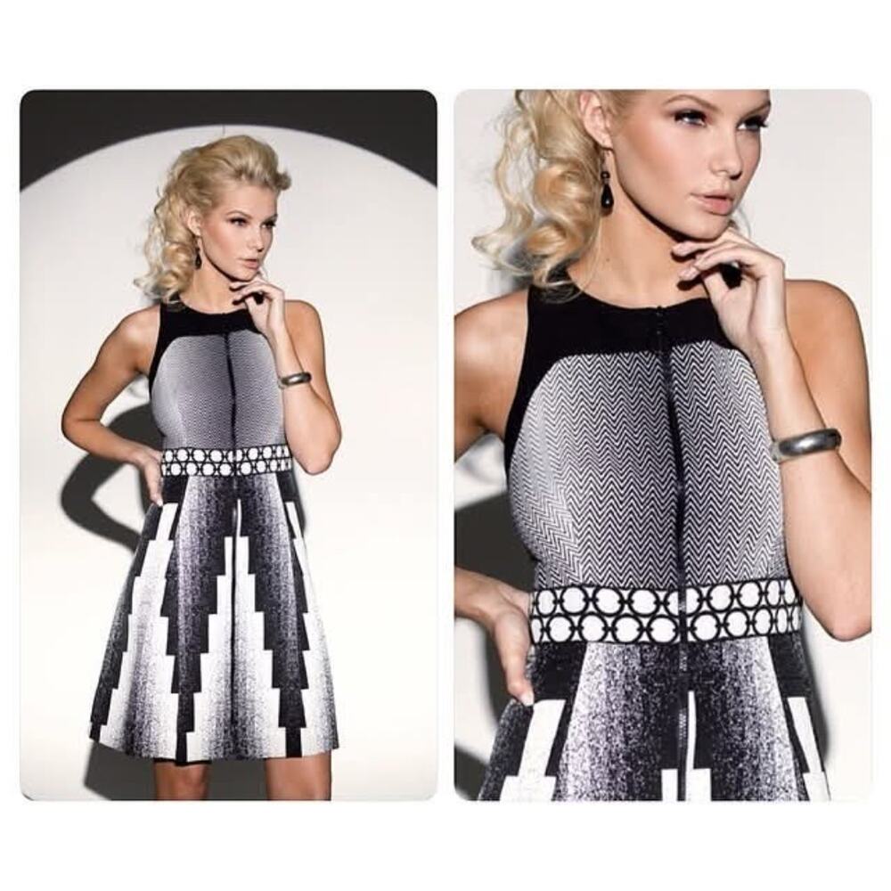 Alberto Makali Women's Black white Sleeveless Textured Fit & Flare Dress Size 10